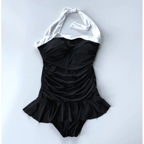 Lauren Ralph Lauren Women Swimsuit Sz 12 Black White Halter Skirted Ruched 1 Pc - Picture 1 of 15